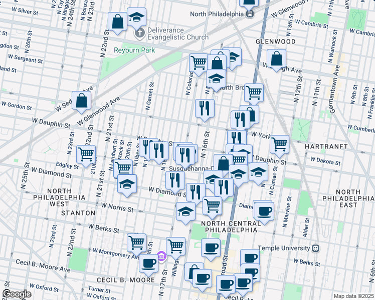 map of restaurants, bars, coffee shops, grocery stores, and more near 2261 N 17th St in Philadelphia