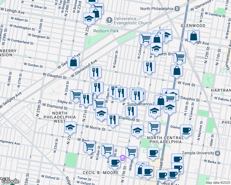 map of restaurants, bars, coffee shops, grocery stores, and more near 2241 North 19th Street in Philadelphia
