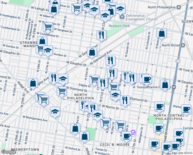 map of restaurants, bars, coffee shops, grocery stores, and more near 2209 North 22nd Street in Philadelphia