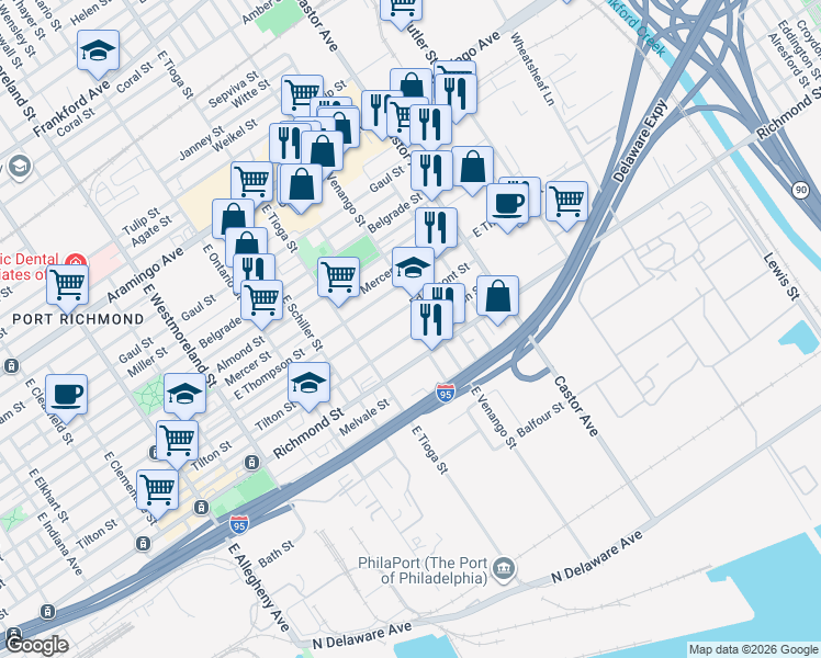 map of restaurants, bars, coffee shops, grocery stores, and more near 2730 East Venango Street in Philadelphia