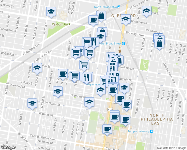 map of restaurants, bars, coffee shops, grocery stores, and more near 2275 North Bancroft Street in Philadelphia