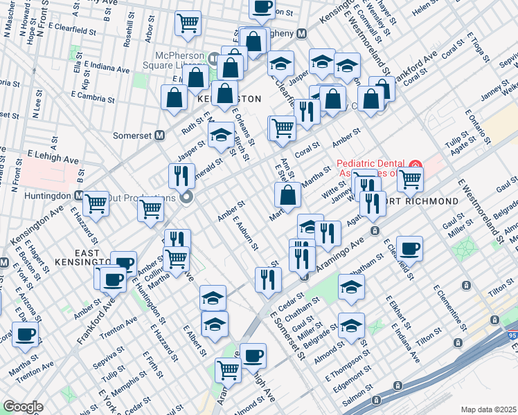 map of restaurants, bars, coffee shops, grocery stores, and more near 2127 East Cambria Street in Philadelphia