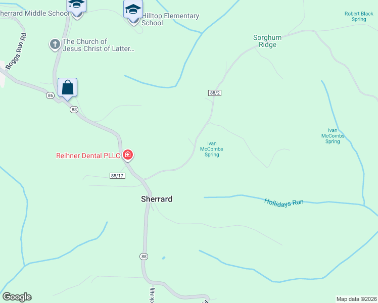 map of restaurants, bars, coffee shops, grocery stores, and more near 228 Sorghum Ridge Road in Wheeling