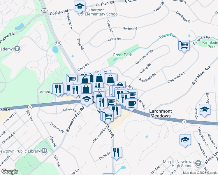 map of restaurants, bars, coffee shops, grocery stores, and more near 15 Saint Albans Avenue in Newtown Square