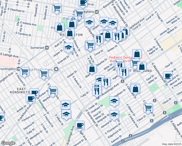 map of restaurants, bars, coffee shops, grocery stores, and more near 2163 East Orleans Street in Philadelphia
