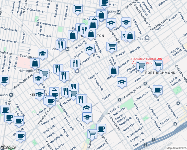 map of restaurants, bars, coffee shops, grocery stores, and more near 2840 Amber Street in Philadelphia