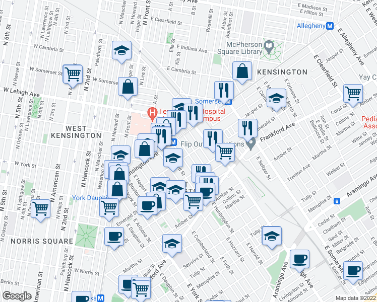 map of restaurants, bars, coffee shops, grocery stores, and more near 1849 East Harold Street in Philadelphia