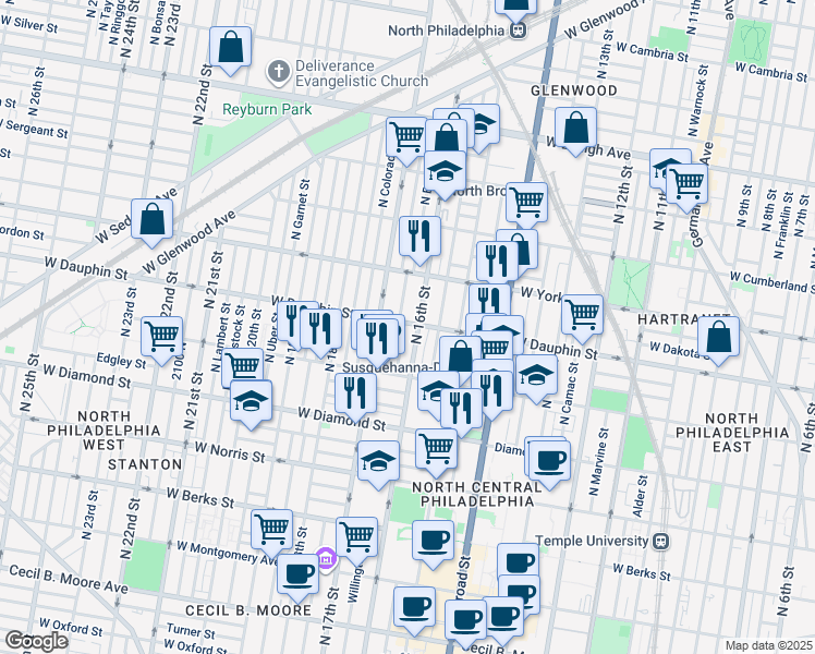 map of restaurants, bars, coffee shops, grocery stores, and more near 2275 North Bancroft Street in Philadelphia
