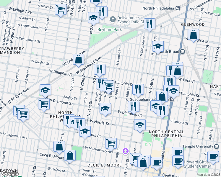 map of restaurants, bars, coffee shops, grocery stores, and more near 2226A North Uber Street in Philadelphia