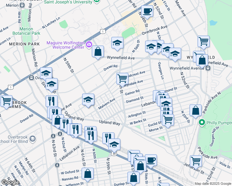 map of restaurants, bars, coffee shops, grocery stores, and more near 5724 Wyndale Avenue in Philadelphia