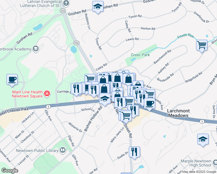 map of restaurants, bars, coffee shops, grocery stores, and more near 3625 Chapel Road in Newtown Square