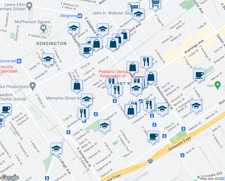 map of restaurants, bars, coffee shops, grocery stores, and more near 3106 Agate Street in Philadelphia