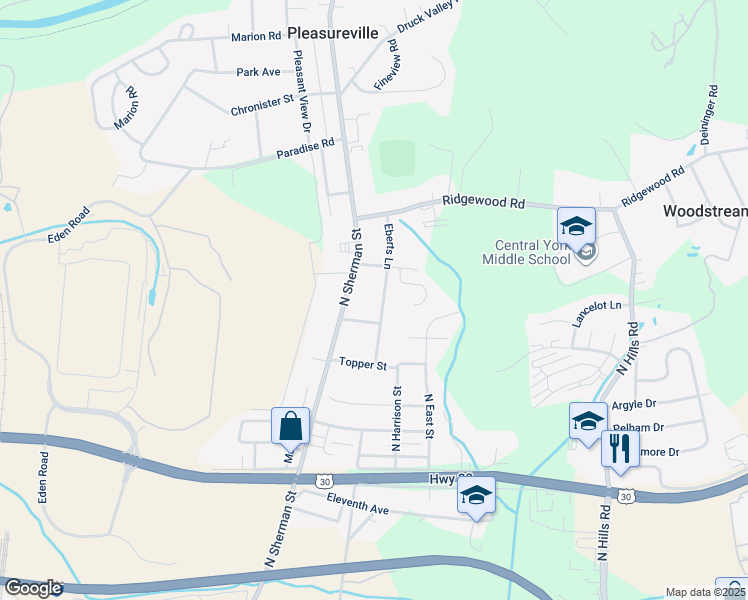 map of restaurants, bars, coffee shops, grocery stores, and more near 1812 Eberts Lane in York