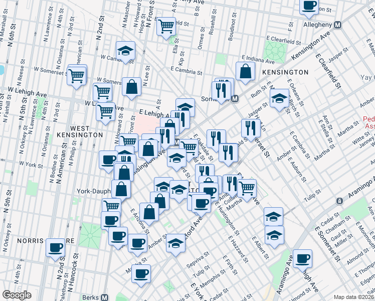 map of restaurants, bars, coffee shops, grocery stores, and more near 1836 East Albert Street in Philadelphia