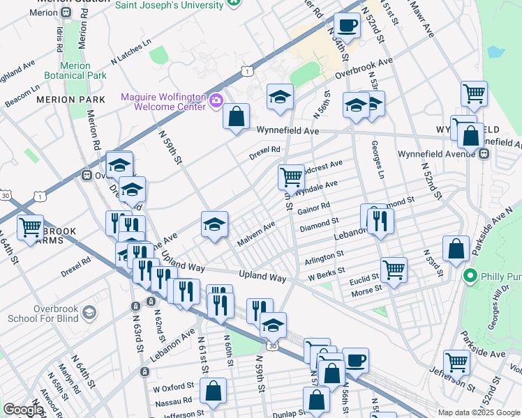 map of restaurants, bars, coffee shops, grocery stores, and more near 5806 Woodcrest Avenue in Philadelphia