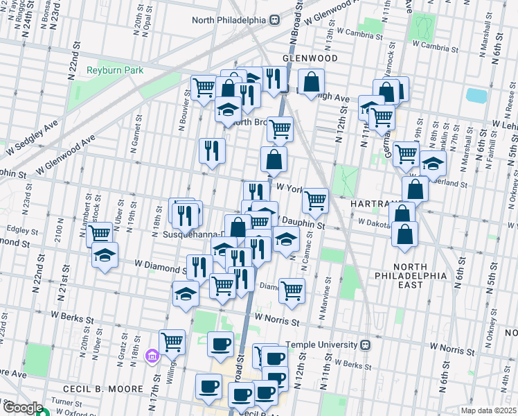 map of restaurants, bars, coffee shops, grocery stores, and more near 2320 North Broad Street in Philadelphia