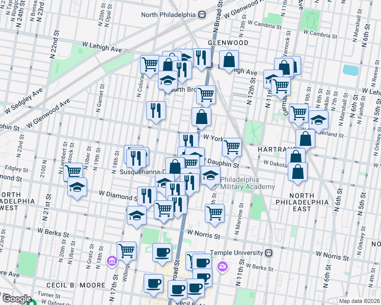 map of restaurants, bars, coffee shops, grocery stores, and more near 2320 North Broad Street in Philadelphia