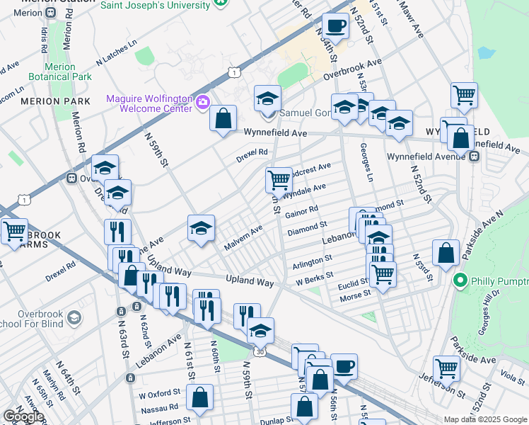 map of restaurants, bars, coffee shops, grocery stores, and more near 5724 Wyndale Avenue in Philadelphia