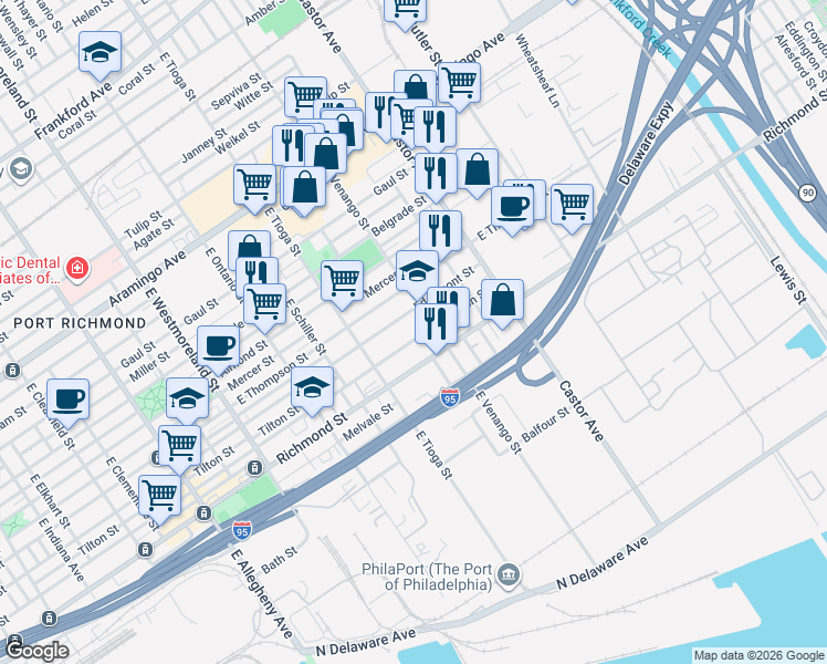 map of restaurants, bars, coffee shops, grocery stores, and more near 2730 East Venango Street in Philadelphia