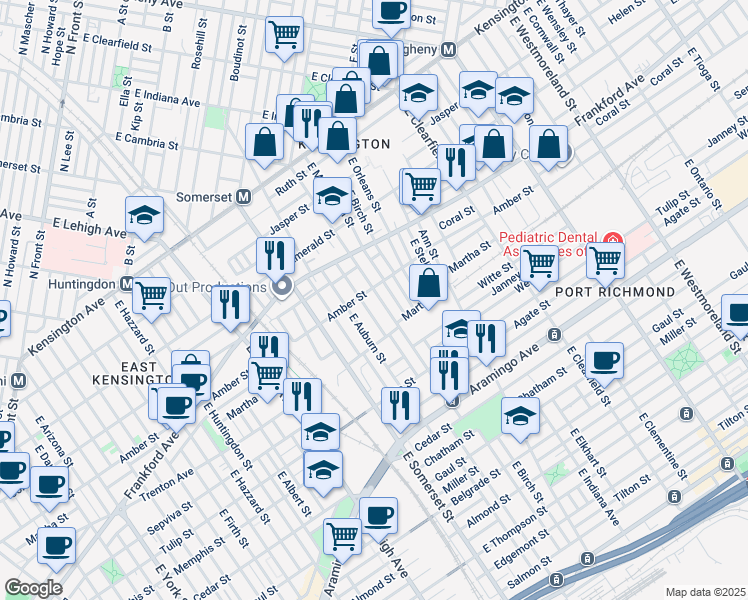map of restaurants, bars, coffee shops, grocery stores, and more near 2112 East Cambria Street in Philadelphia