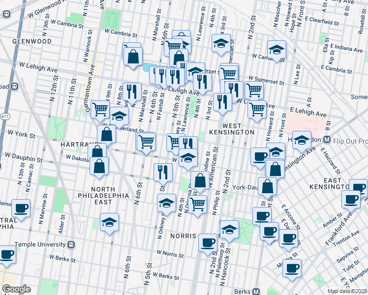 map of restaurants, bars, coffee shops, grocery stores, and more near 2440 North Leithgow Street in Philadelphia