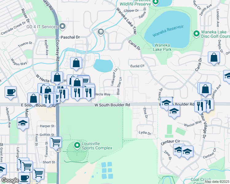 map of restaurants, bars, coffee shops, grocery stores, and more near 1558 White Violet Way in Louisville