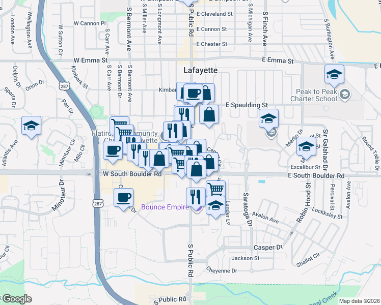 map of restaurants, bars, coffee shops, grocery stores, and more near 1100 South Public Road in Lafayette