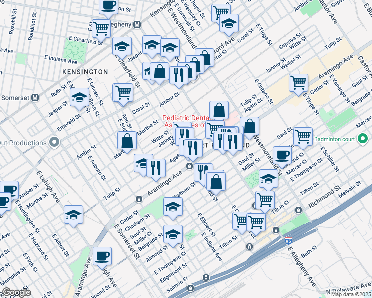 map of restaurants, bars, coffee shops, grocery stores, and more near 3106 Agate Street in Philadelphia