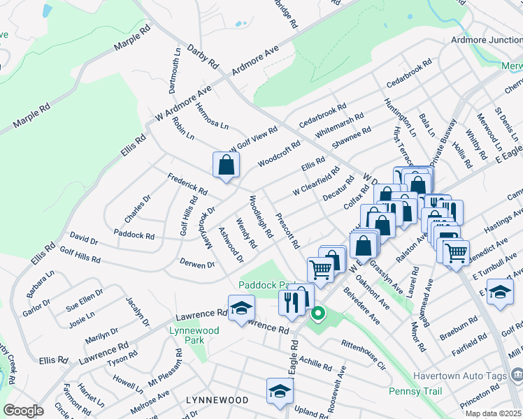 map of restaurants, bars, coffee shops, grocery stores, and more near 2715 Woodleigh Road in Havertown