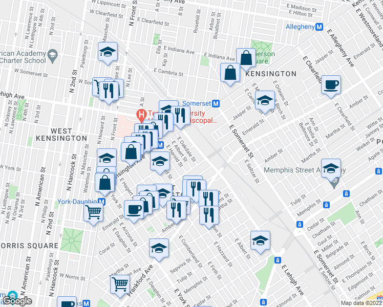 map of restaurants, bars, coffee shops, grocery stores, and more near 1909 East Oakdale Street in Philadelphia
