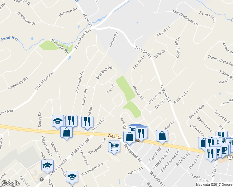 map of restaurants, bars, coffee shops, grocery stores, and more near 124 Newby Drive in Newtown Square