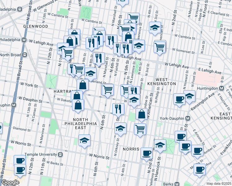 map of restaurants, bars, coffee shops, grocery stores, and more near 2428 North Fairhill Street in Philadelphia