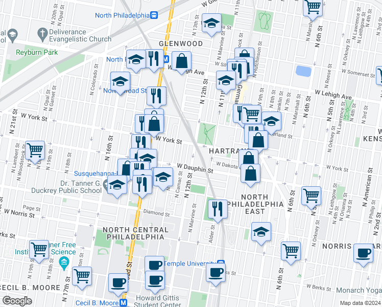 map of restaurants, bars, coffee shops, grocery stores, and more near 2338 North 12th Street in Philadelphia