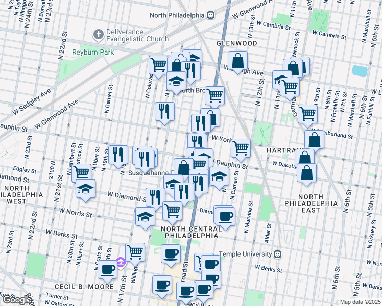 map of restaurants, bars, coffee shops, grocery stores, and more near 2310 North Carlisle Street in Philadelphia