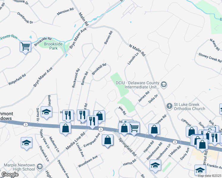 map of restaurants, bars, coffee shops, grocery stores, and more near 124 Newby Drive in Newtown Square