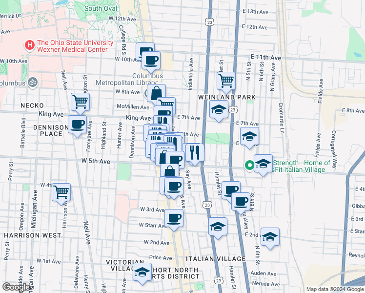 map of restaurants, bars, coffee shops, grocery stores, and more near 1265 Indianola Avenue in Columbus