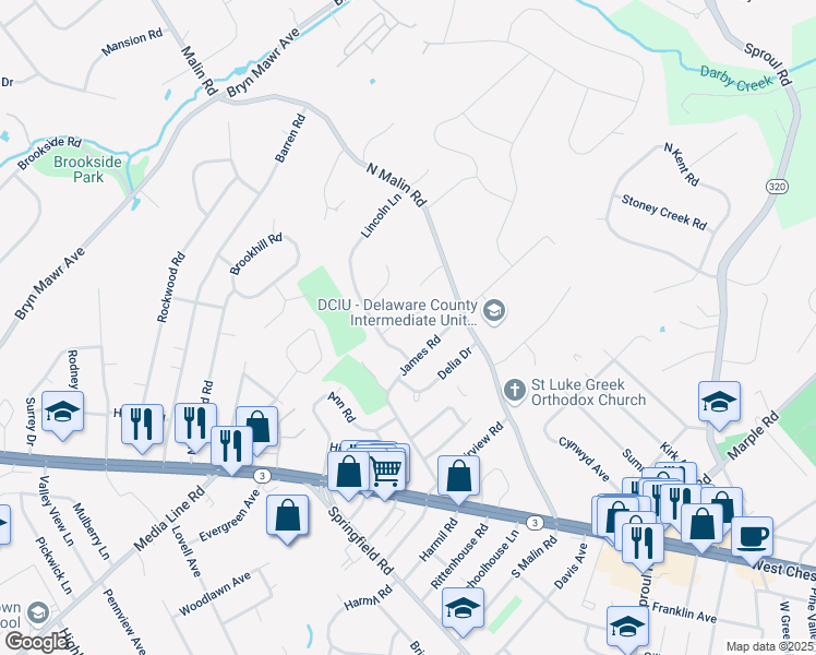 map of restaurants, bars, coffee shops, grocery stores, and more near 57 Sonia Lane in Broomall