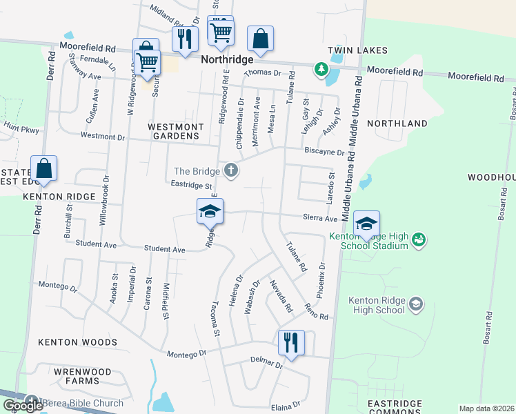 map of restaurants, bars, coffee shops, grocery stores, and more near 1730 Sierra Avenue in Springfield