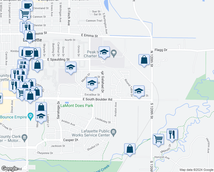 map of restaurants, bars, coffee shops, grocery stores, and more near 1050 Sir Galahad Drive in Lafayette