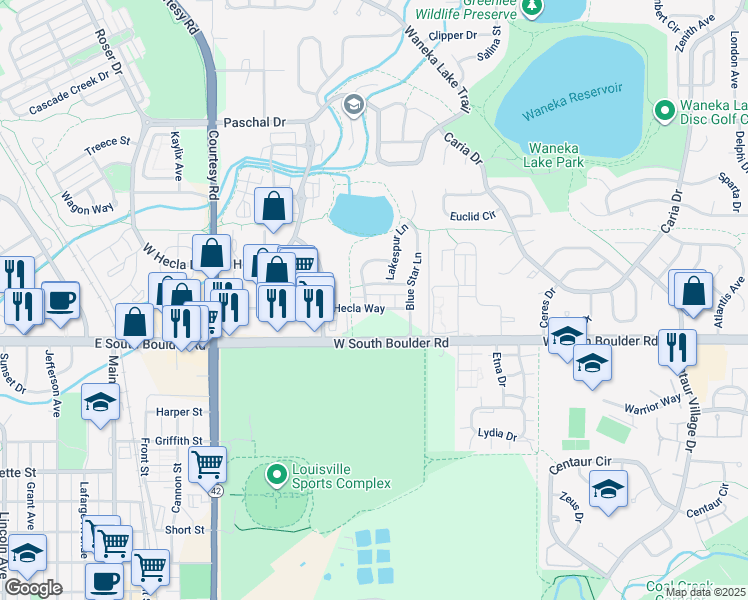 map of restaurants, bars, coffee shops, grocery stores, and more near 1755 Sweet Clover Lane in Louisville