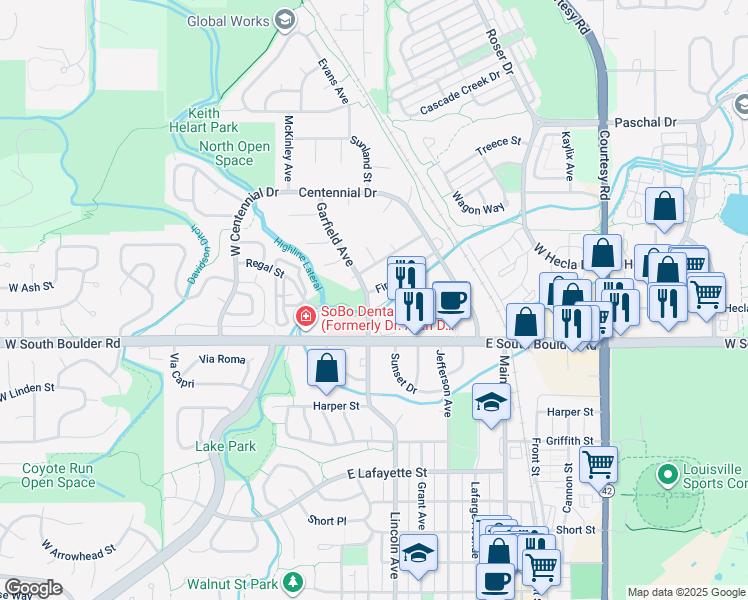 map of restaurants, bars, coffee shops, grocery stores, and more near 1808 Garfield Avenue in Louisville