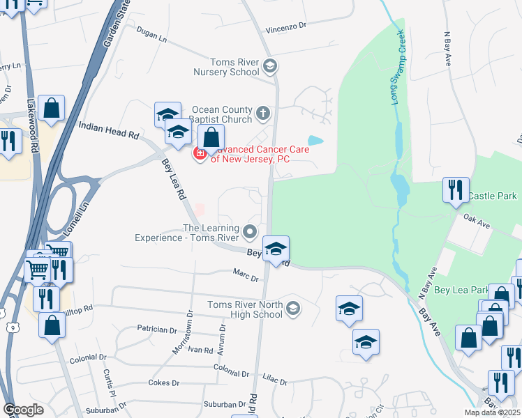 map of restaurants, bars, coffee shops, grocery stores, and more near 102 Green View Way in Toms River