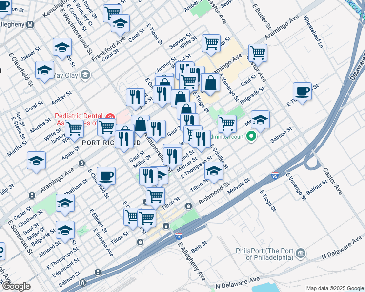 map of restaurants, bars, coffee shops, grocery stores, and more near 3360 Belgrade Street in Philadelphia