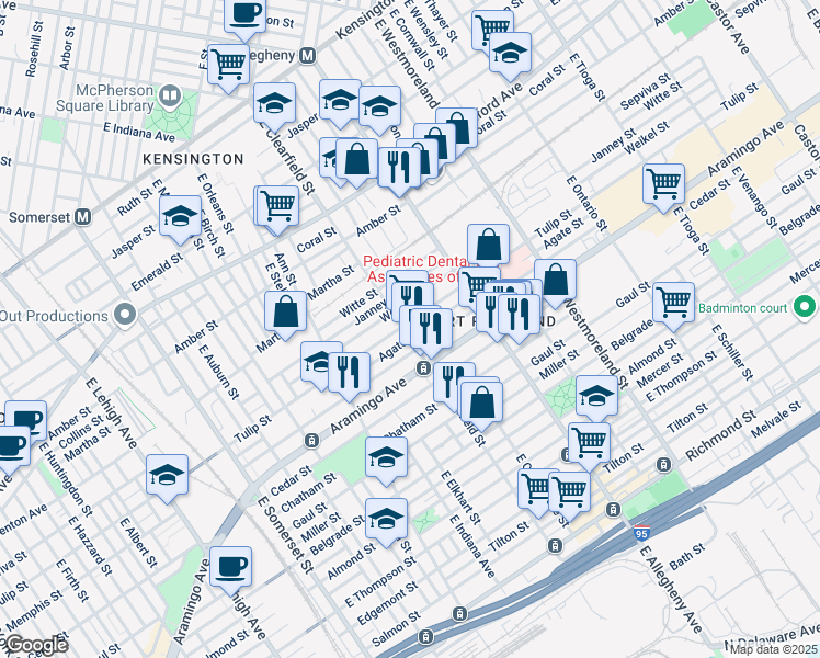 map of restaurants, bars, coffee shops, grocery stores, and more near 3105 Tulip Street in Philadelphia