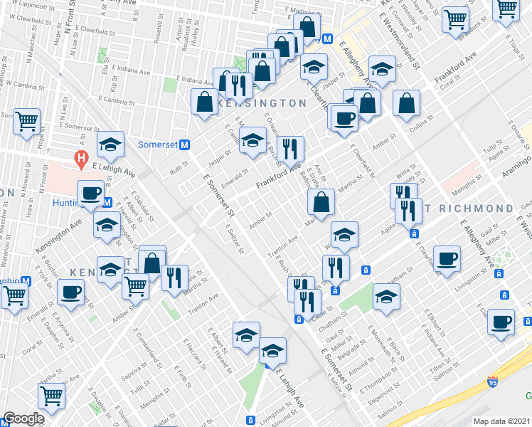 map of restaurants, bars, coffee shops, grocery stores, and more near 2100 East Cambria Street in Philadelphia