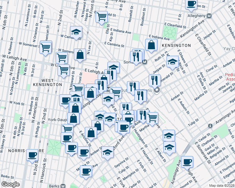 map of restaurants, bars, coffee shops, grocery stores, and more near 1836 East Albert Street in Philadelphia