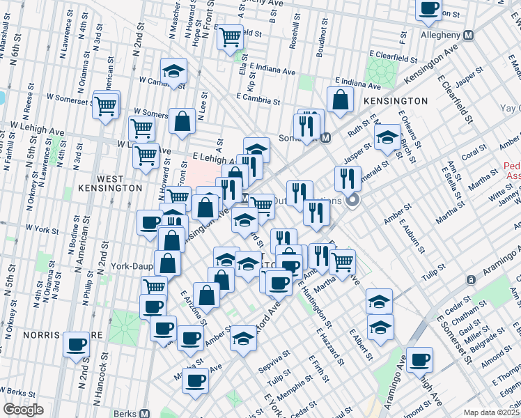 map of restaurants, bars, coffee shops, grocery stores, and more near 1836 East Albert Street in Philadelphia