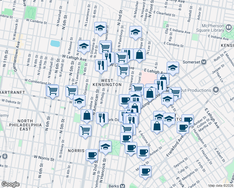 map of restaurants, bars, coffee shops, grocery stores, and more near 2514 North Mascher Street in Philadelphia