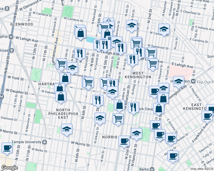 map of restaurants, bars, coffee shops, grocery stores, and more near 2453 North Leithgow Street in Philadelphia