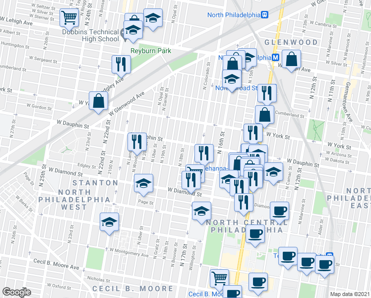 map of restaurants, bars, coffee shops, grocery stores, and more near 2268 North Bouvier Street in Philadelphia